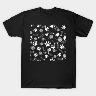 Cat Paw Print, Fish Bones, Ball of Yarn Pattern - White on Black Version T-Shirt